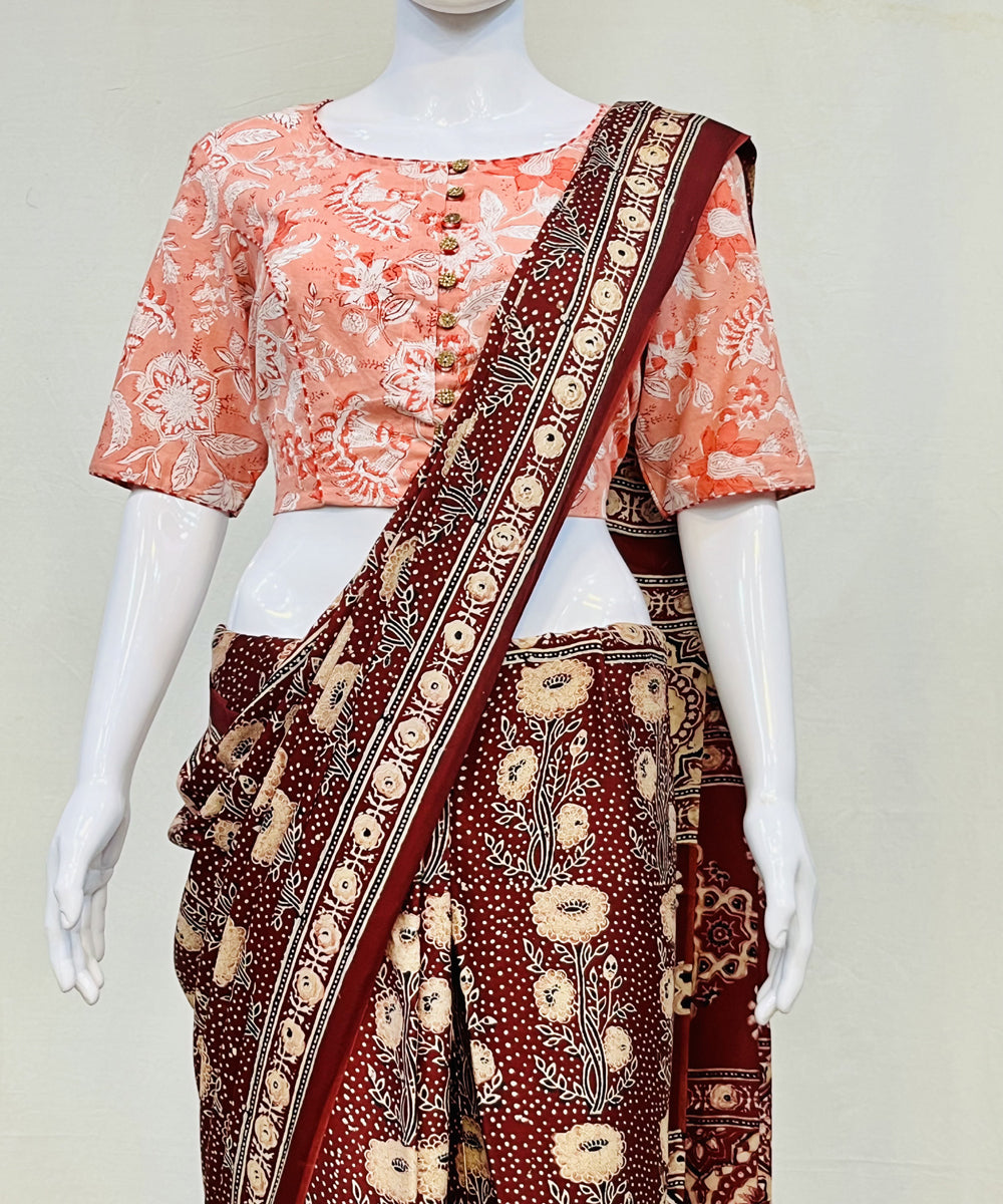 Orange handblock printed cotton blouse