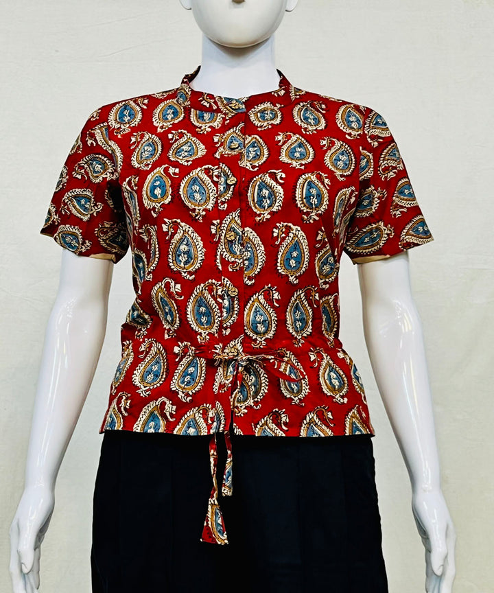 Red handblock cotton printed top