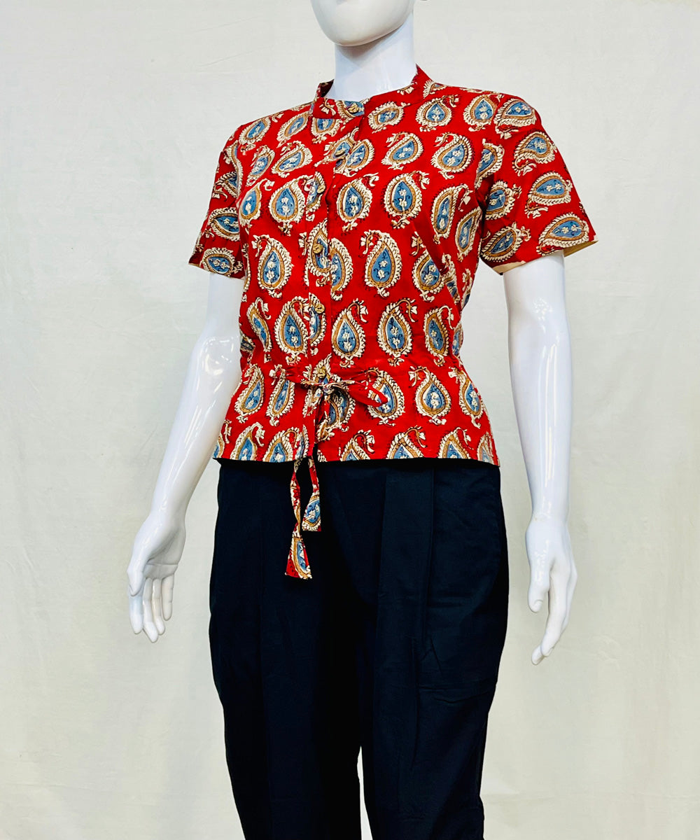 Red handblock cotton printed top