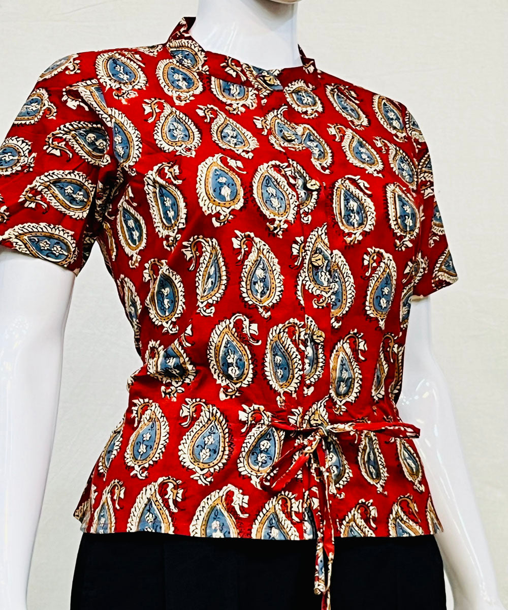 Red handblock cotton printed top