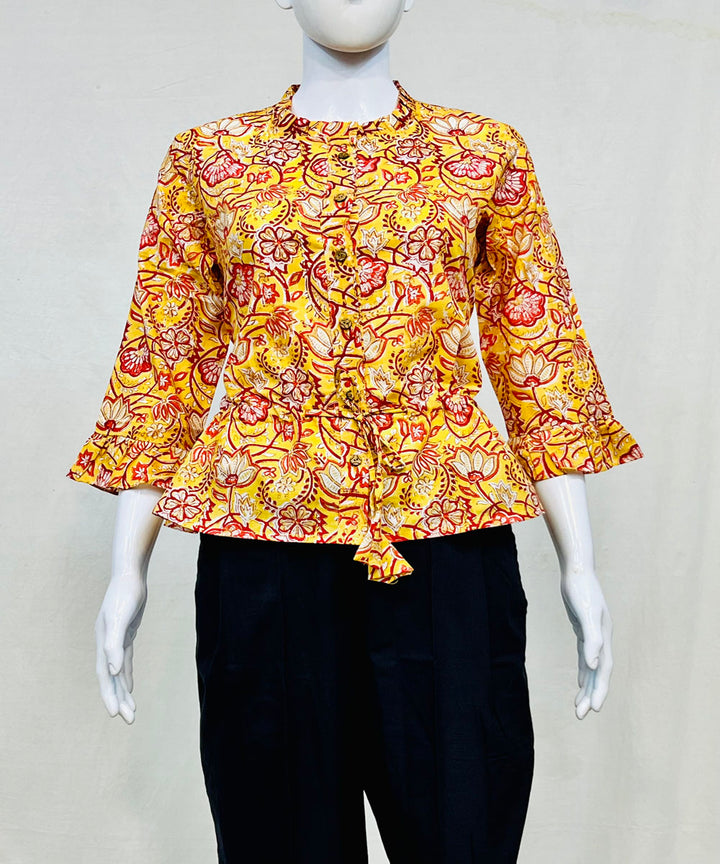 Yellow handblock printed cotton top