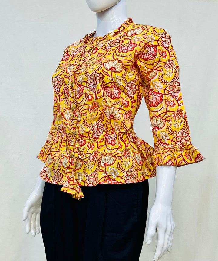 Yellow handblock printed cotton top