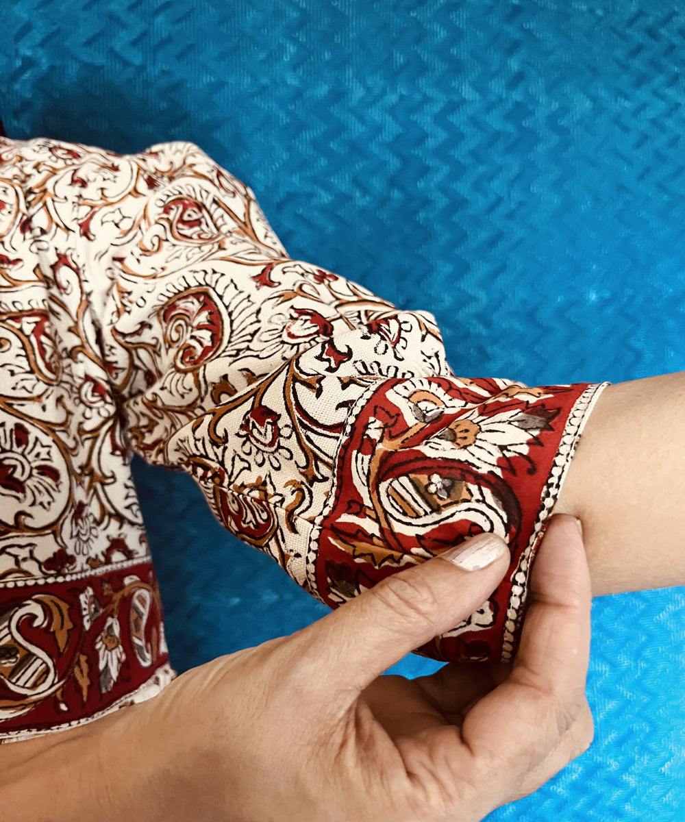 Beige red kalamkari hand block printed linen dress