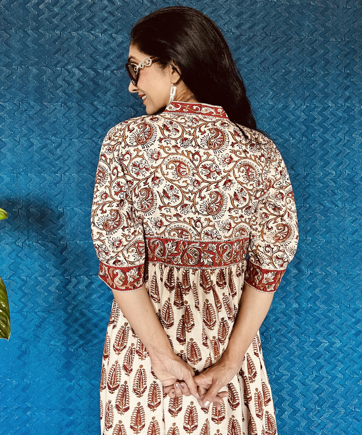 Beige red kalamkari hand block printed linen dress
