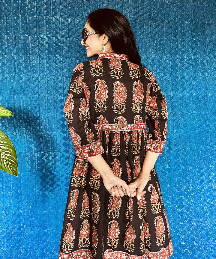 Black red kalamkari hand block printed cotton dress