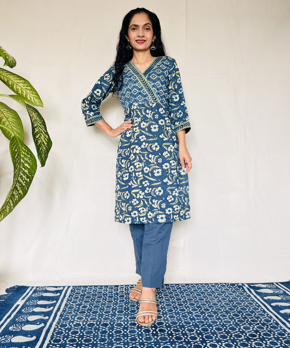 Teal green ajrakh cotton hand block printed kurti