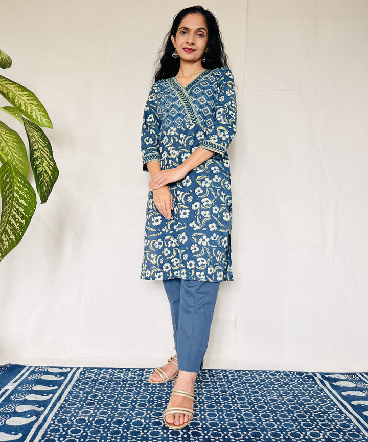 Teal green ajrakh cotton hand block printed kurti