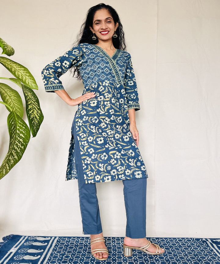 Teal green ajrakh cotton hand block printed kurti