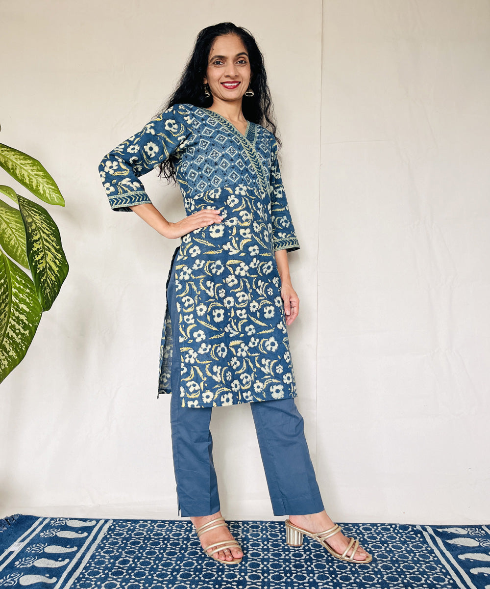 Teal green ajrakh cotton hand block printed kurti