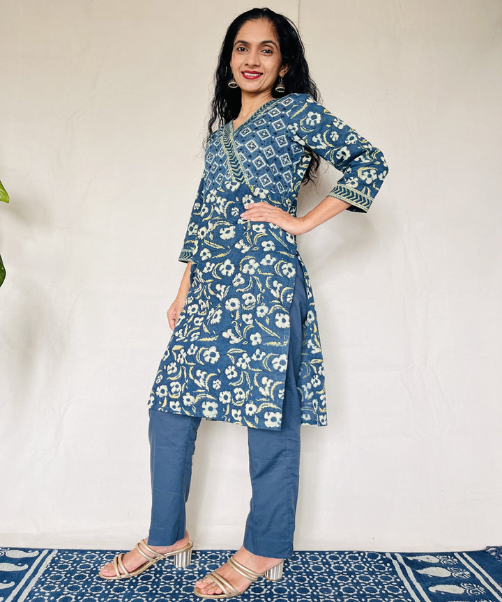 Teal green ajrakh cotton hand block printed kurti