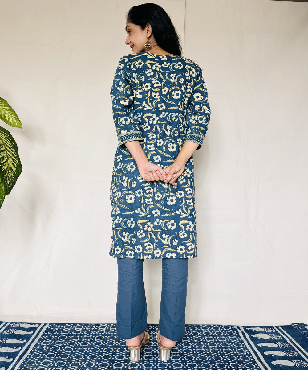 Teal green ajrakh cotton hand block printed kurti