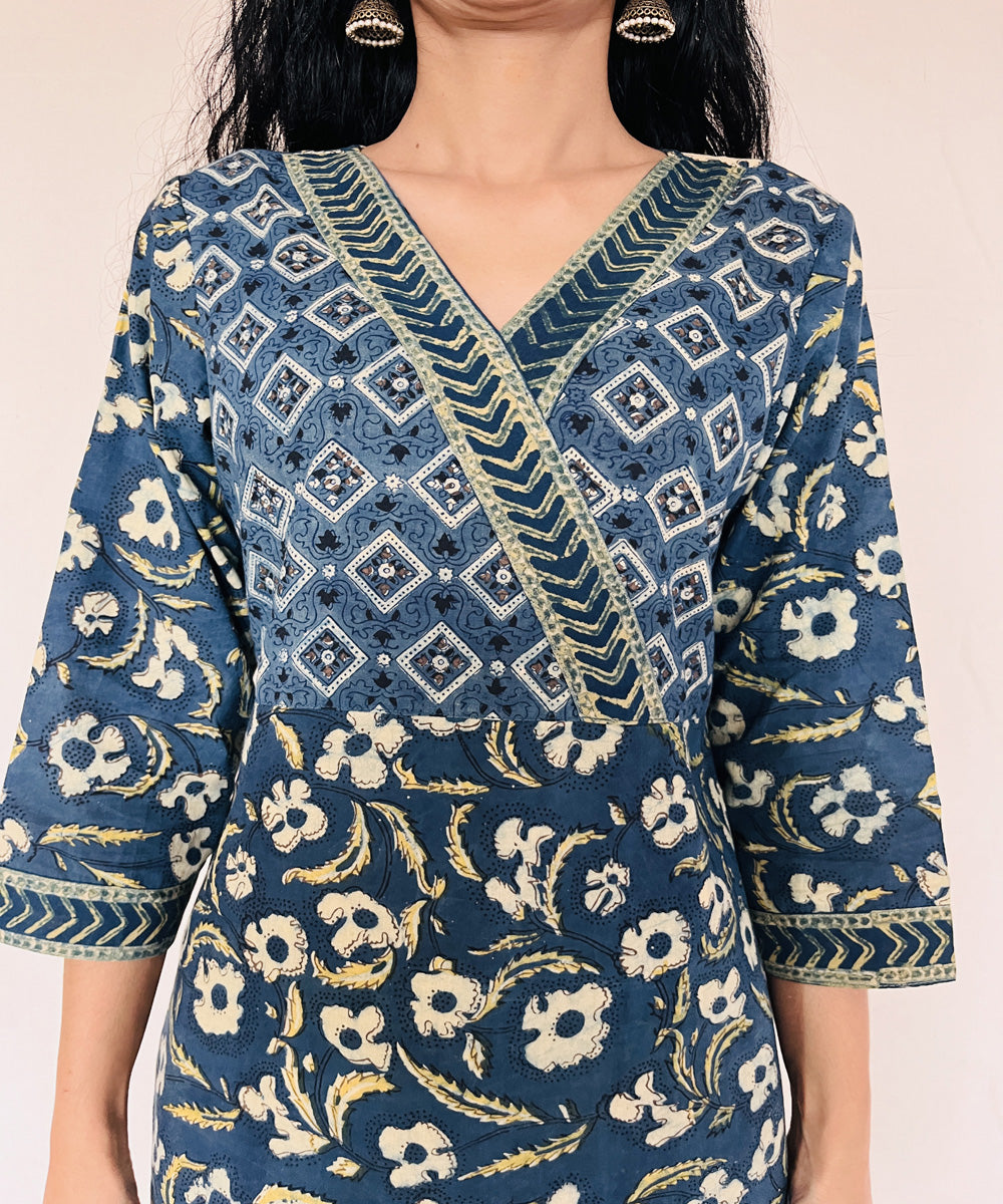 Teal green ajrakh cotton hand block printed kurti