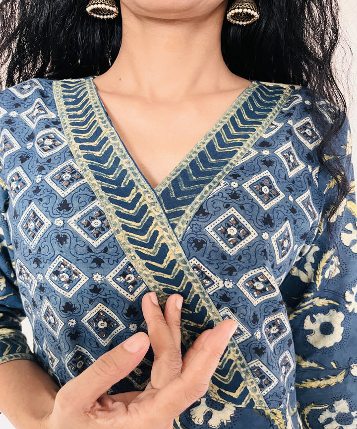 Teal green ajrakh cotton hand block printed kurti