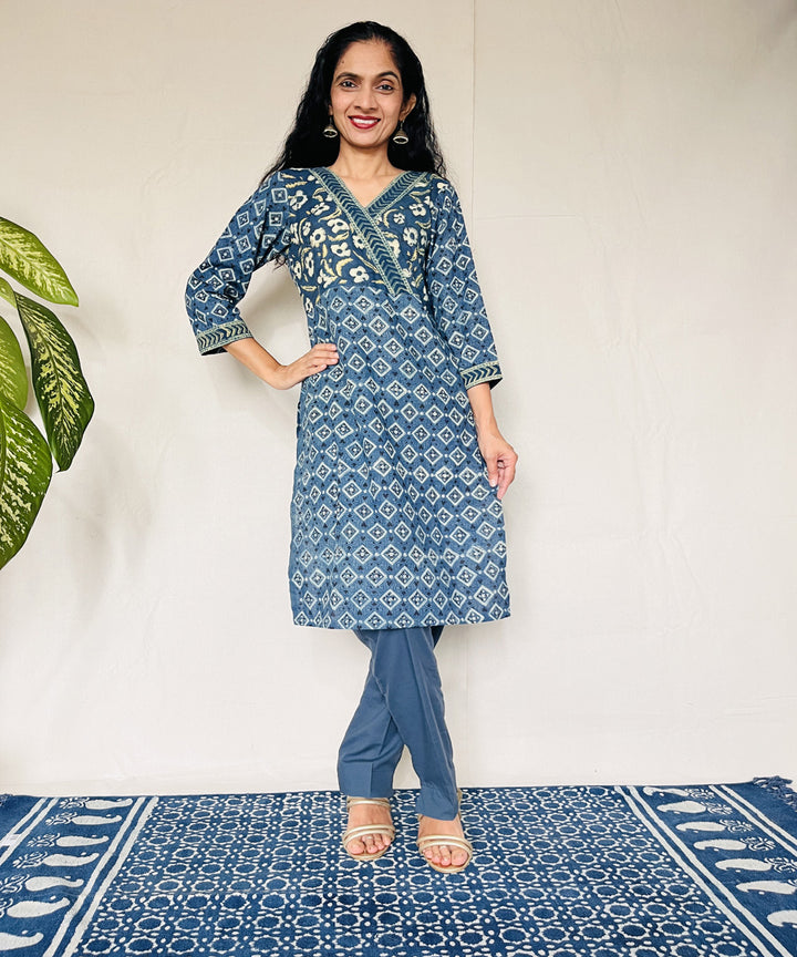 Teal green hand block printed cotton ajrakh kurti