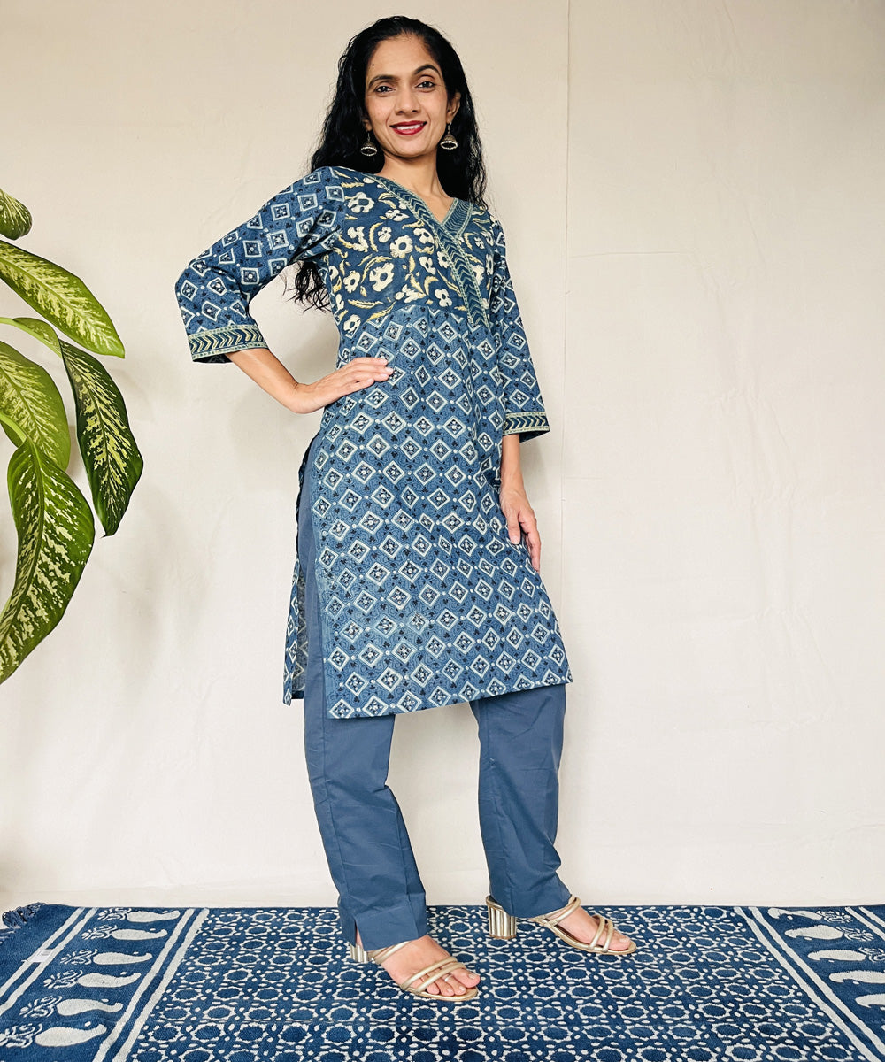 Teal green hand block printed cotton ajrakh kurti