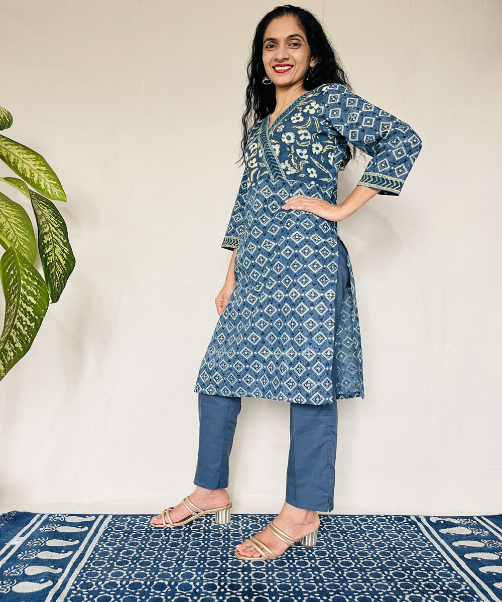 Teal green hand block printed cotton ajrakh kurti