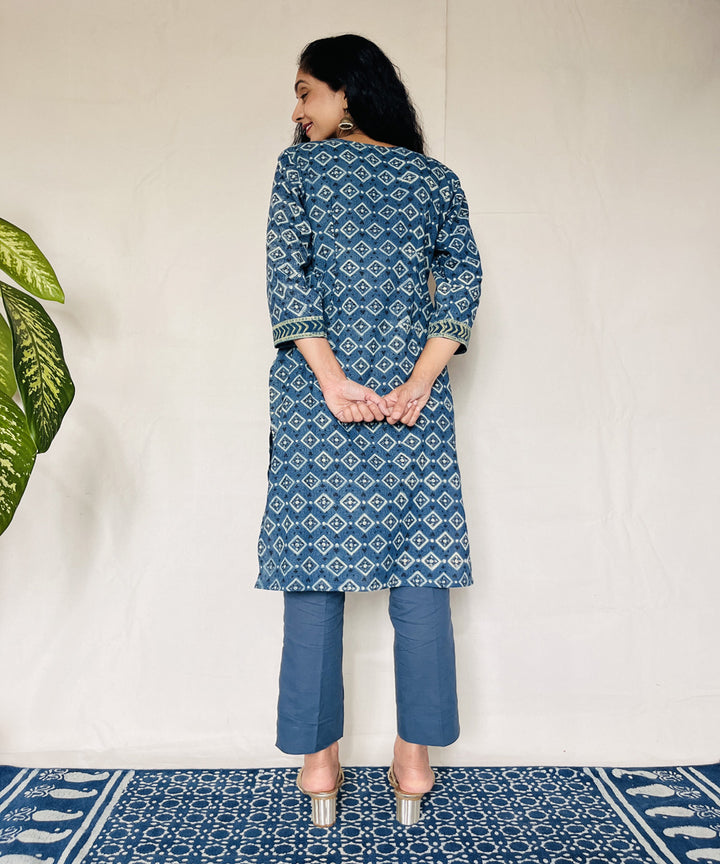 Teal green hand block printed cotton ajrakh kurti