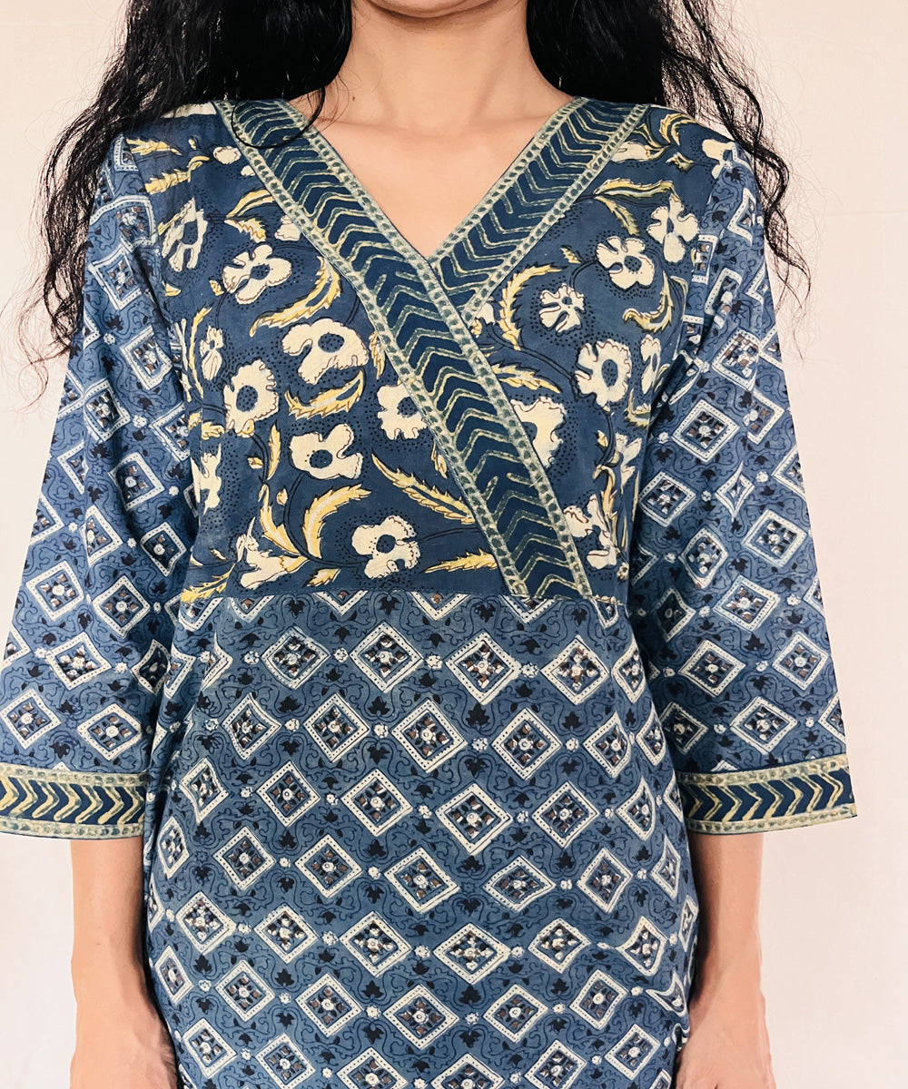 Teal green hand block printed cotton ajrakh kurti