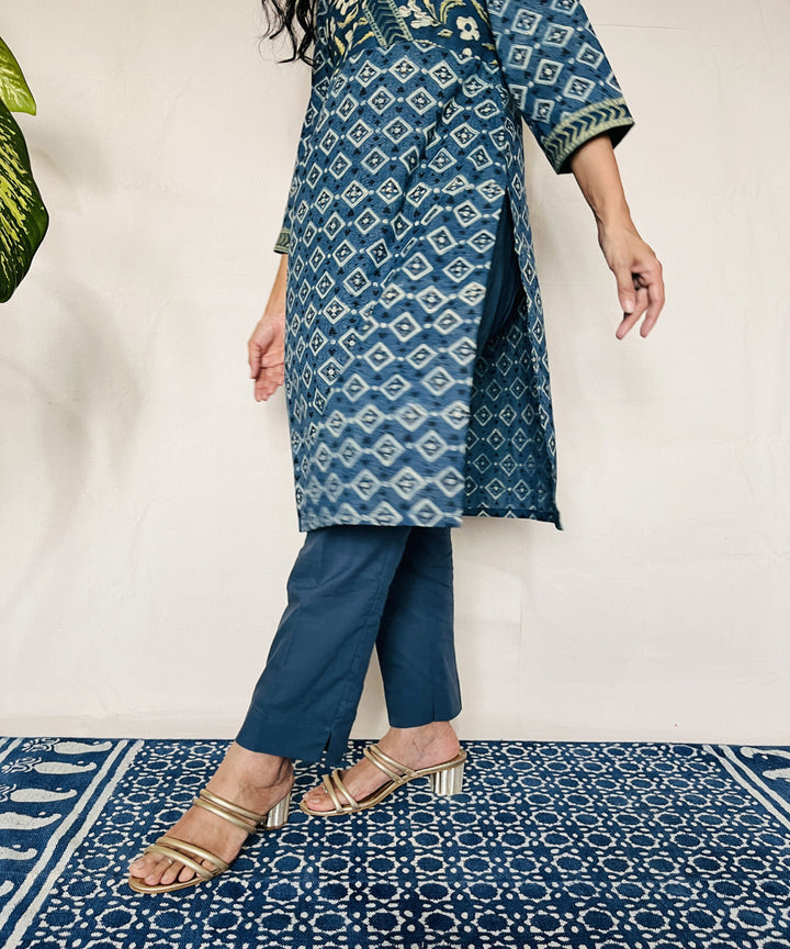 Teal green hand block printed cotton ajrakh kurti