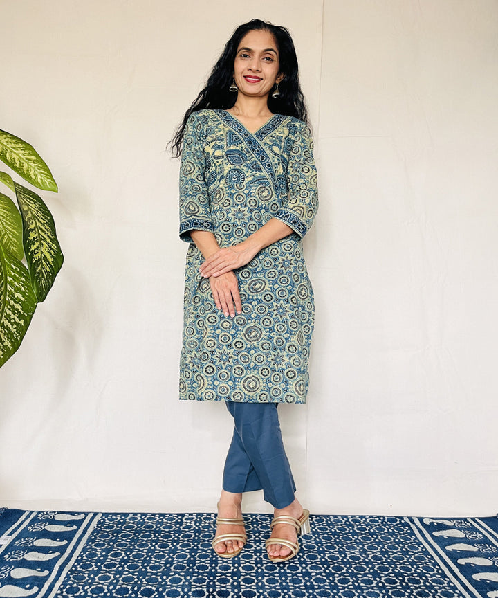 Teal green ajrakh hand block print cotton kurti