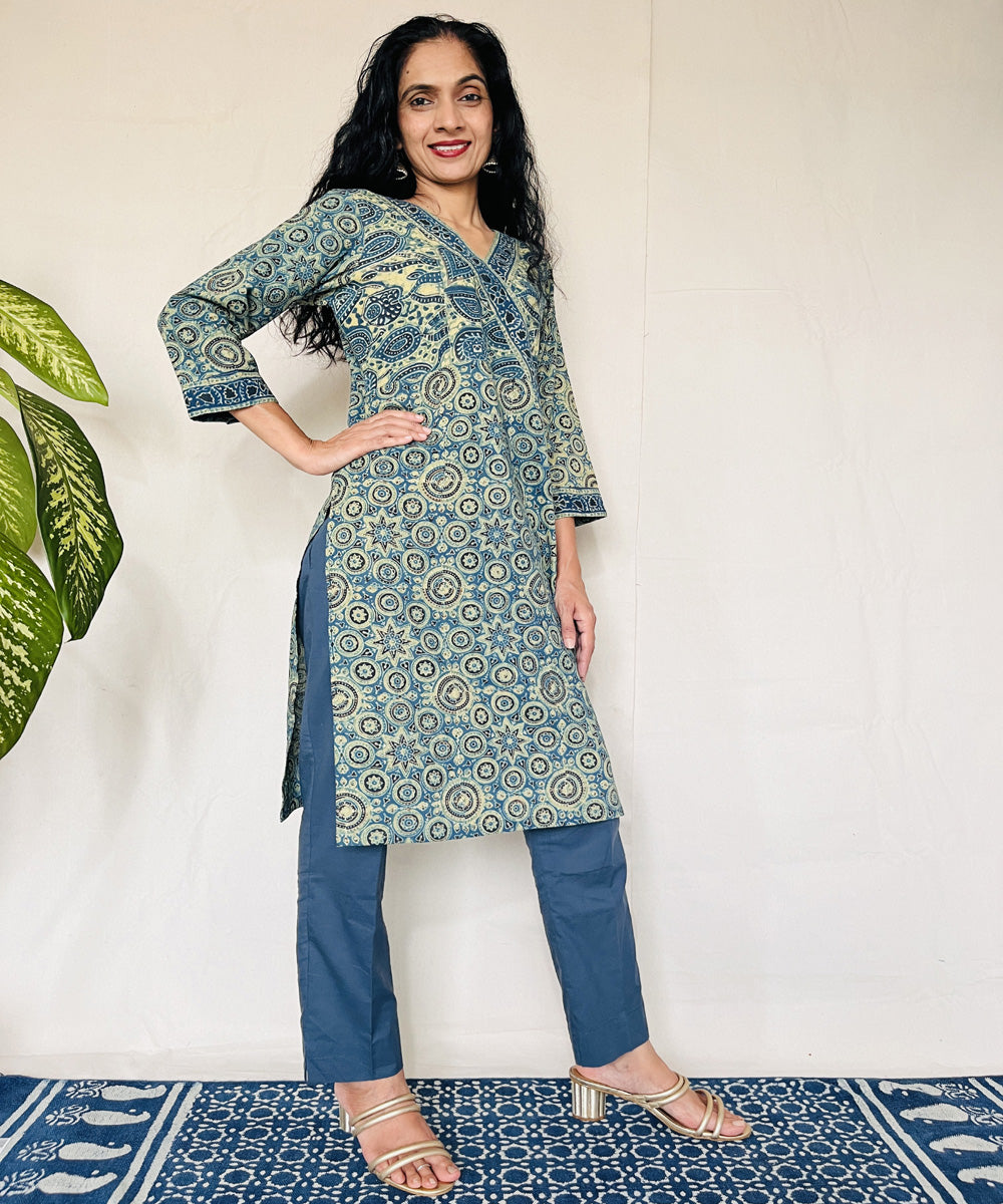 Teal green ajrakh hand block print cotton kurti