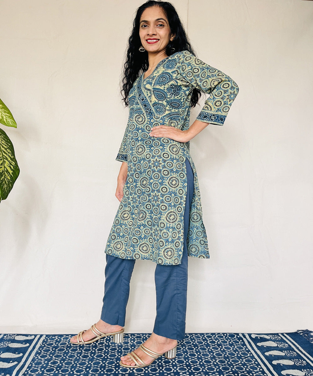 Teal green ajrakh hand block print cotton kurti