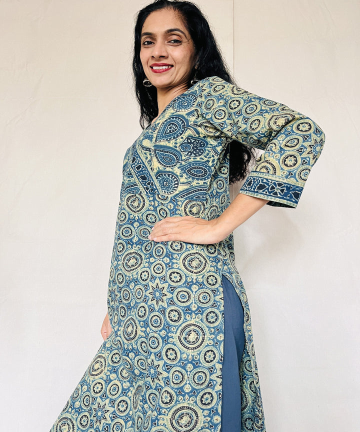 Teal green ajrakh hand block print cotton kurti