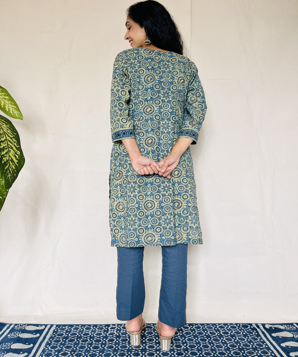 Teal green ajrakh hand block print cotton kurti