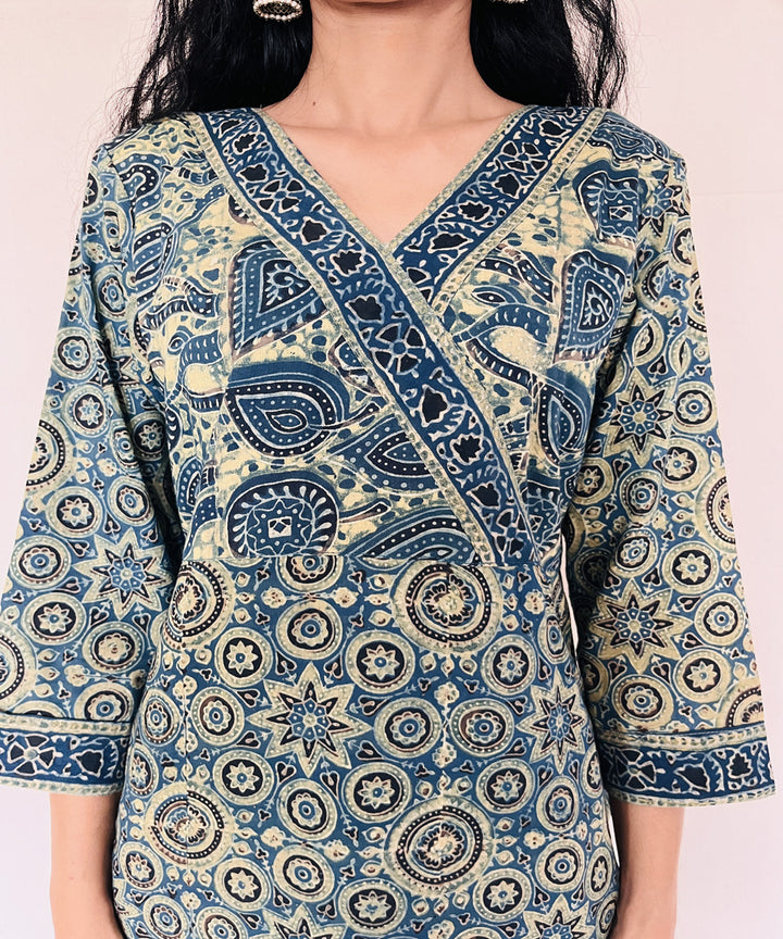 Teal green ajrakh hand block print cotton kurti