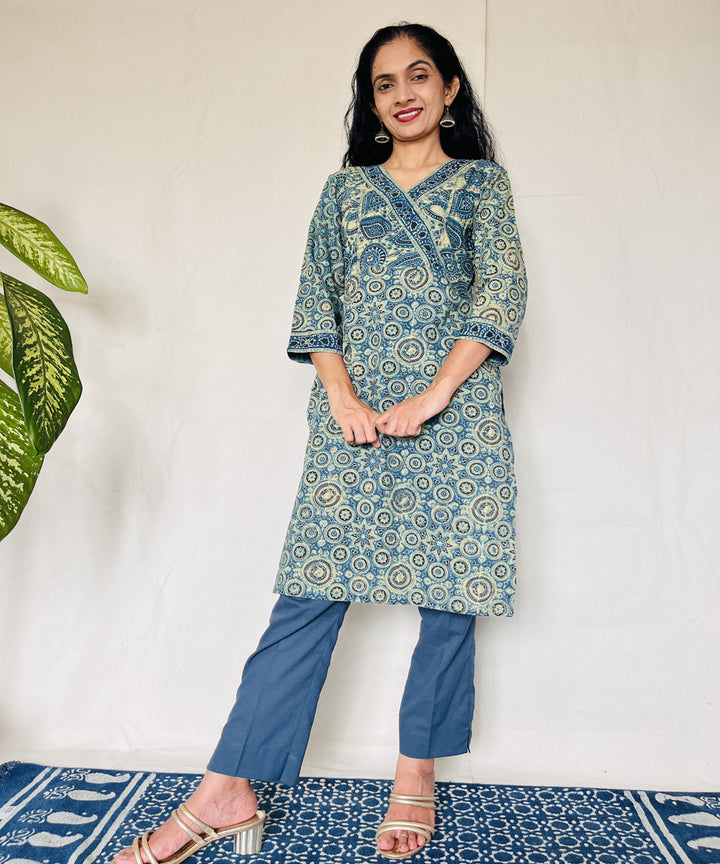 Teal green ajrakh hand block print cotton kurti