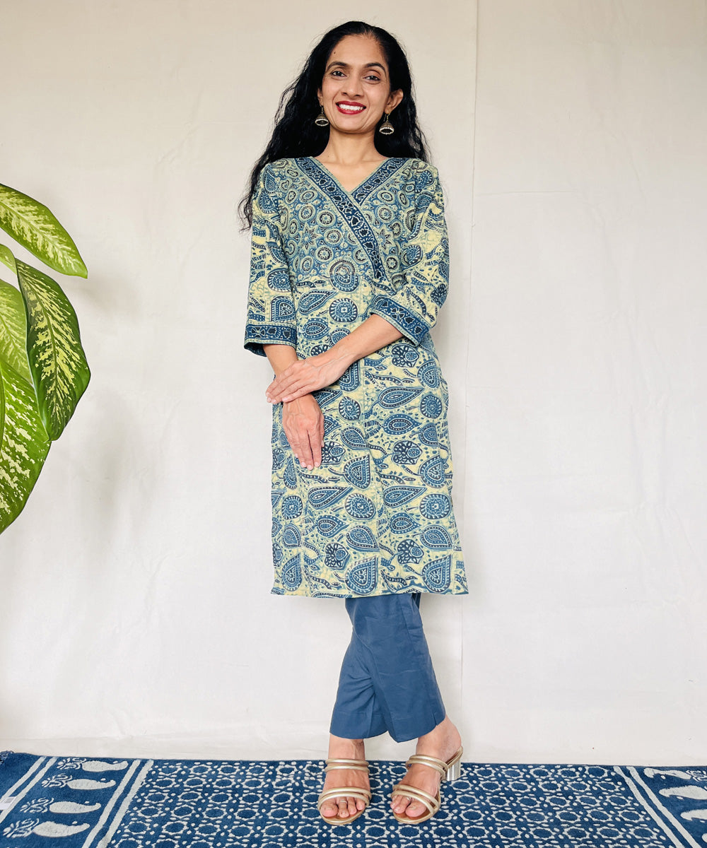 Teal green cotton ajrakh hand block print kurti