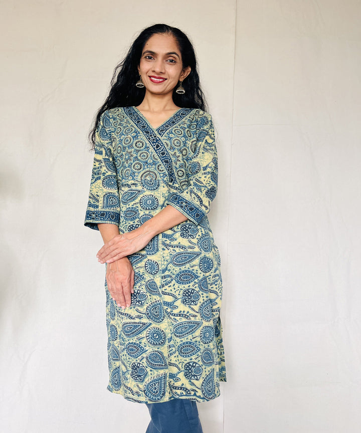 Teal green cotton ajrakh hand block print kurti