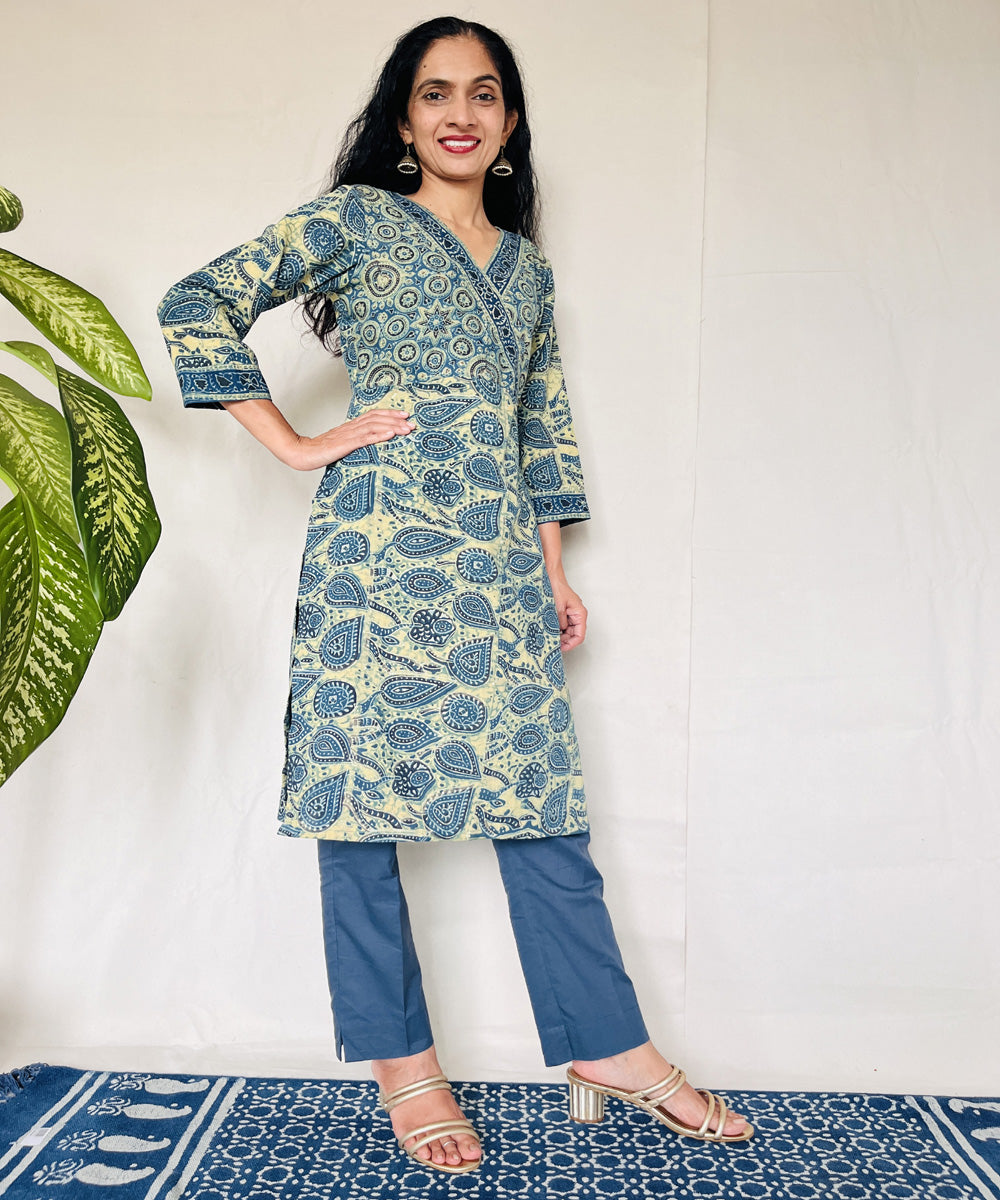 Teal green cotton ajrakh hand block print kurti