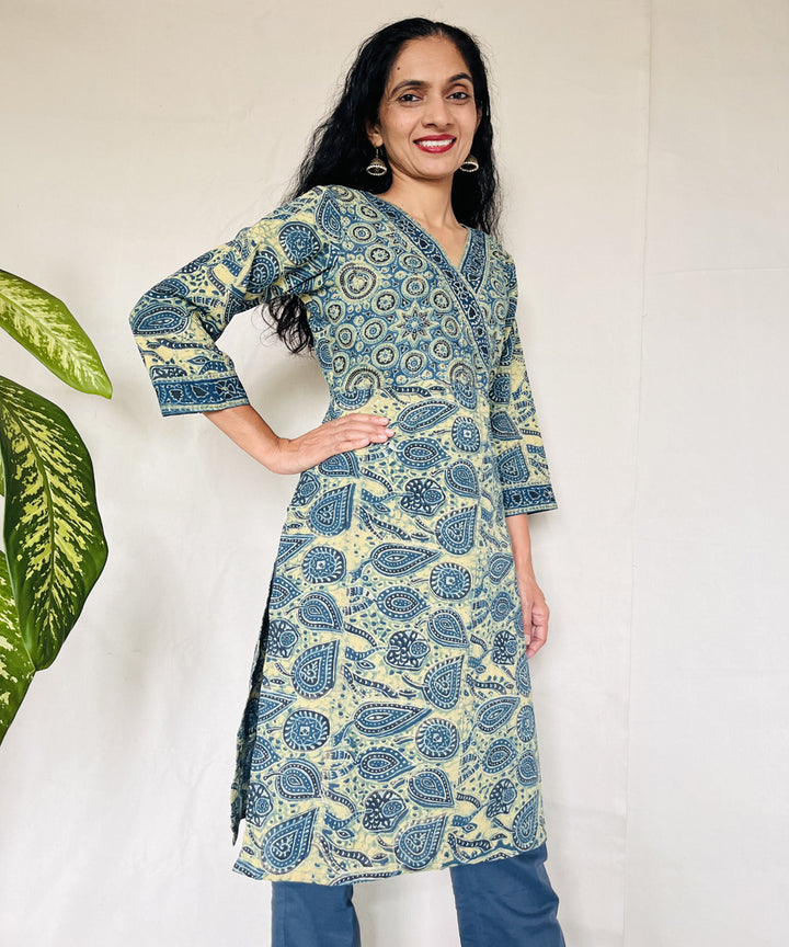 Teal green cotton ajrakh hand block print kurti