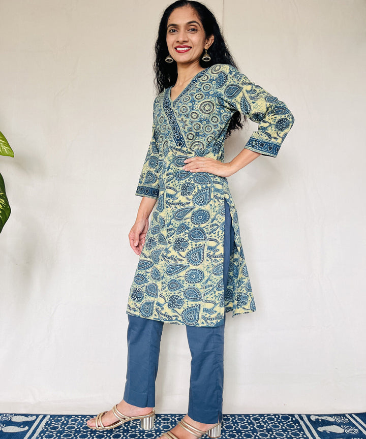 Teal green cotton ajrakh hand block print kurti