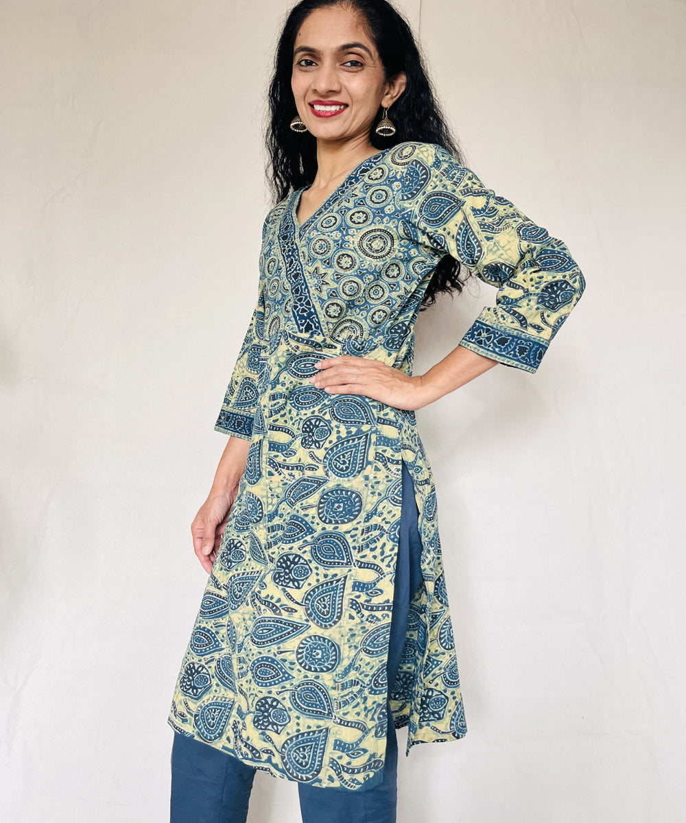 Teal green cotton ajrakh hand block print kurti