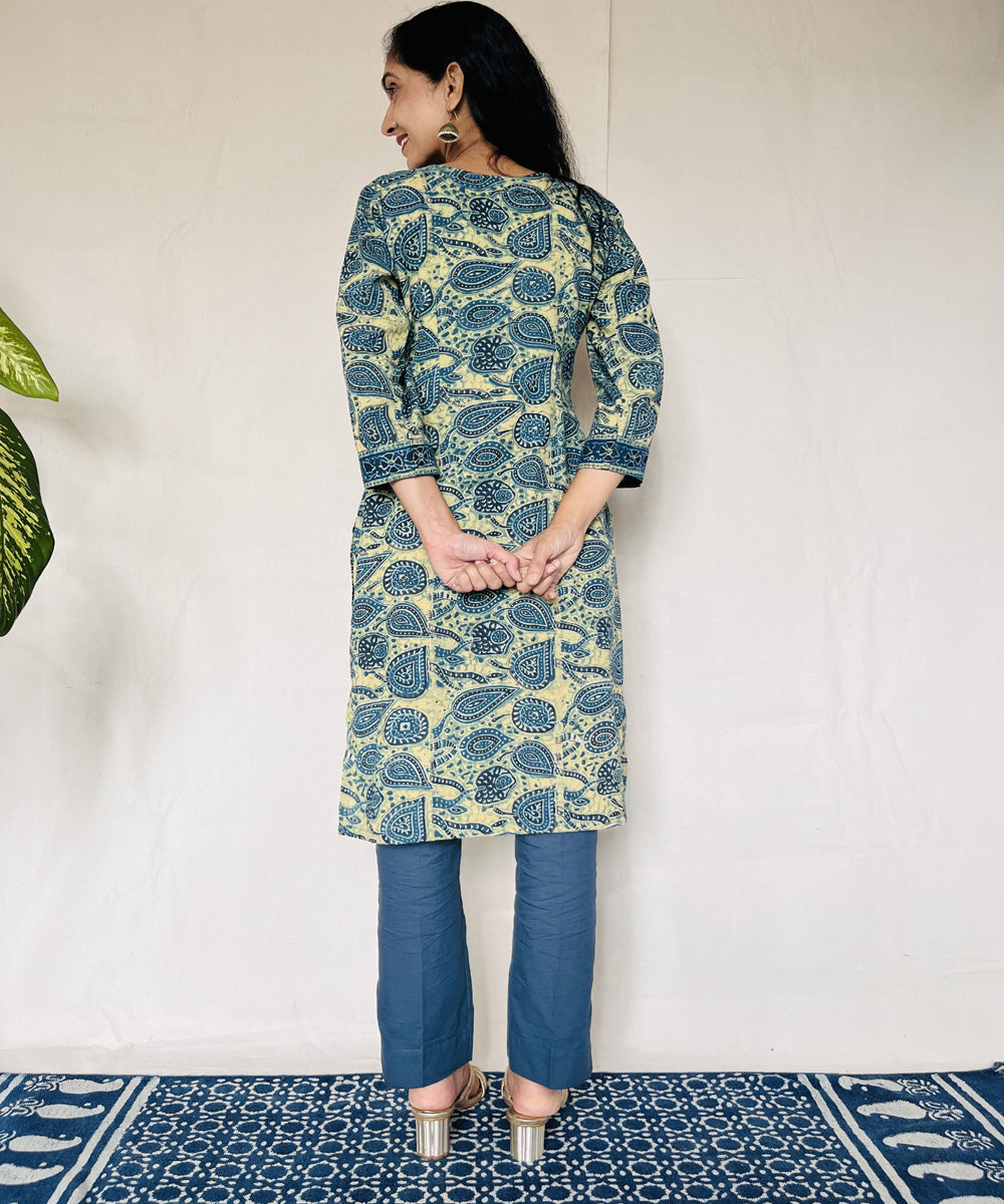 Teal green cotton ajrakh hand block print kurti