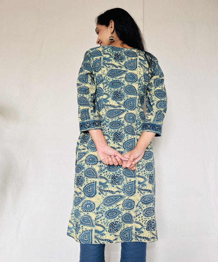 Teal green cotton ajrakh hand block print kurti