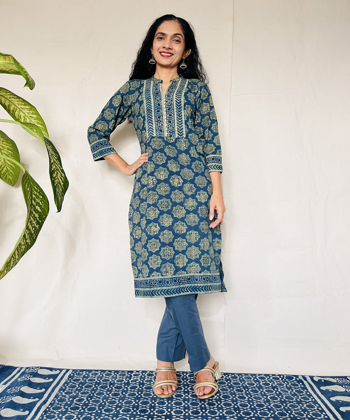 Teal green hand block print cotton ajrakh kurti