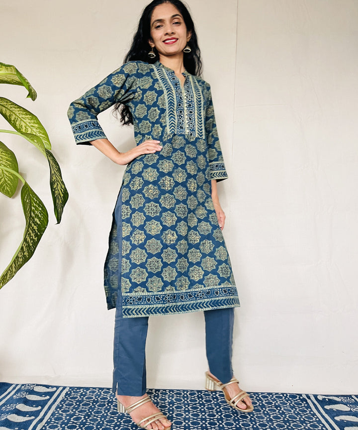 Teal green hand block print cotton ajrakh kurti