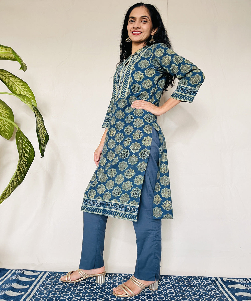 Teal green hand block print cotton ajrakh kurti