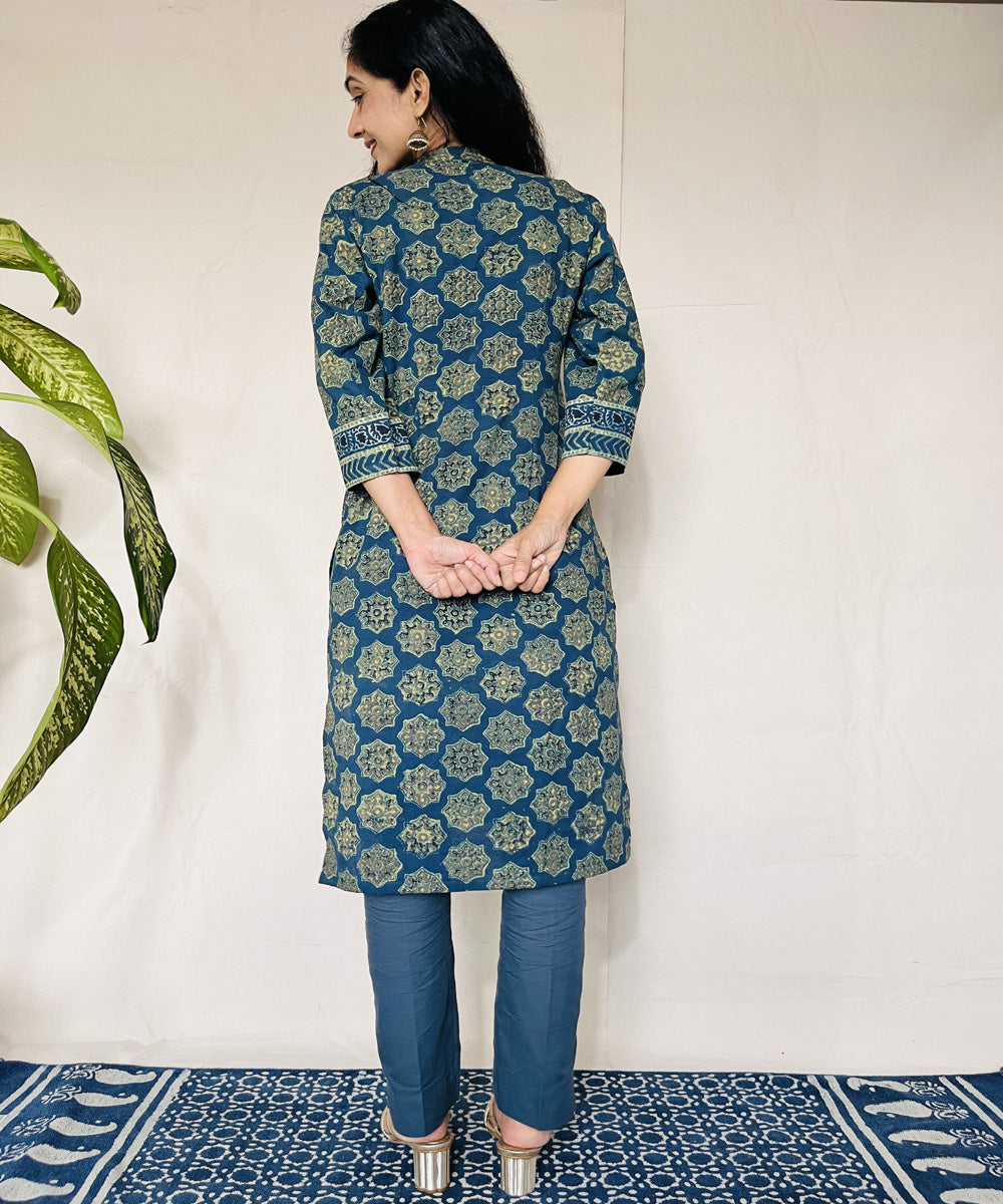 Teal green hand block print cotton ajrakh kurti