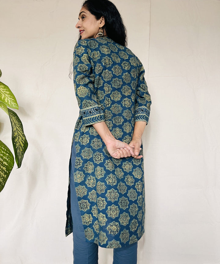 Teal green hand block print cotton ajrakh kurti