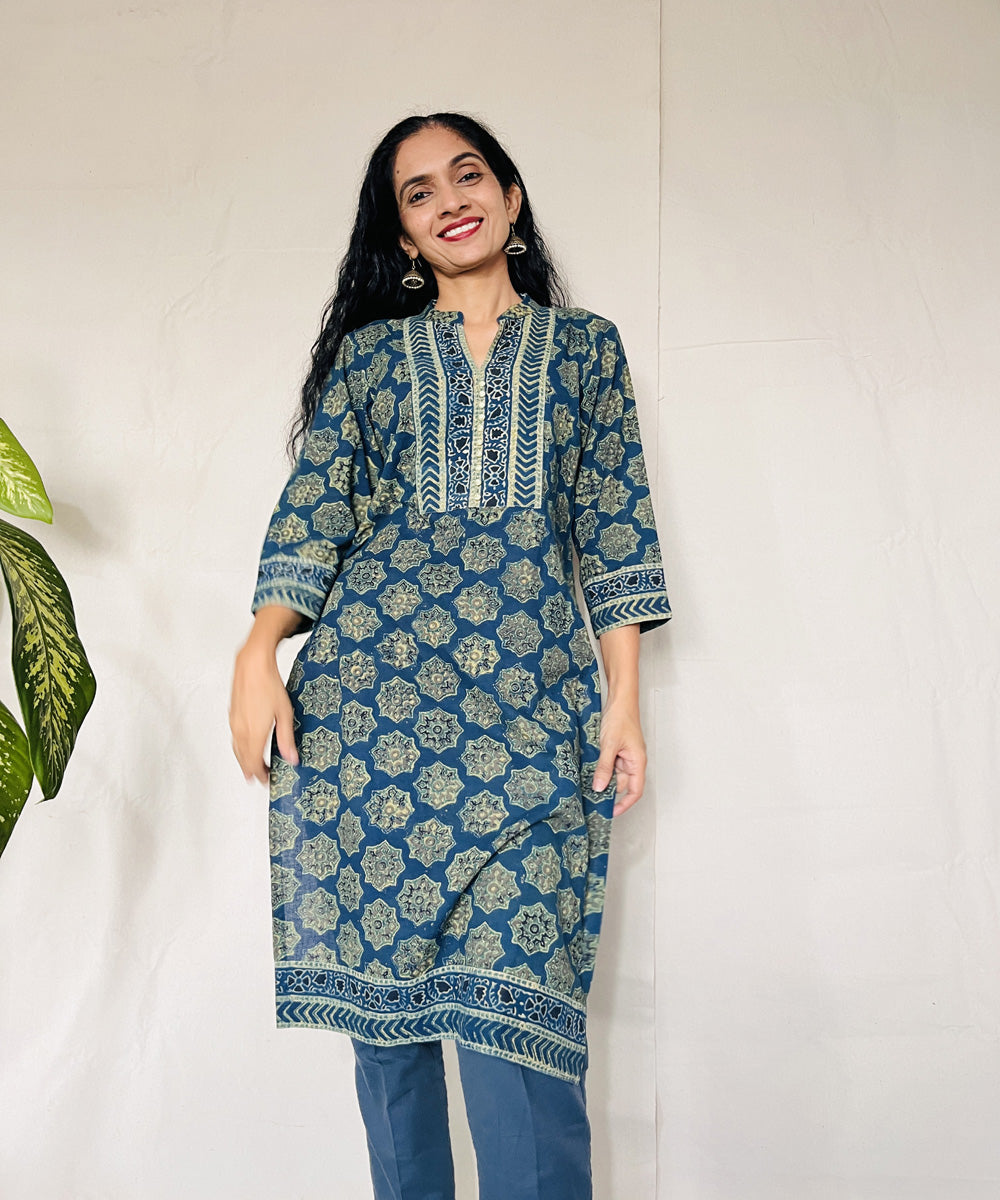 Teal green hand block print cotton ajrakh kurti