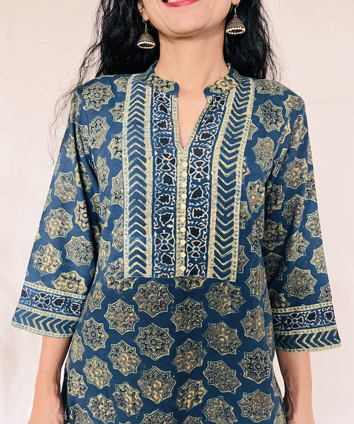 Teal green hand block print cotton ajrakh kurti