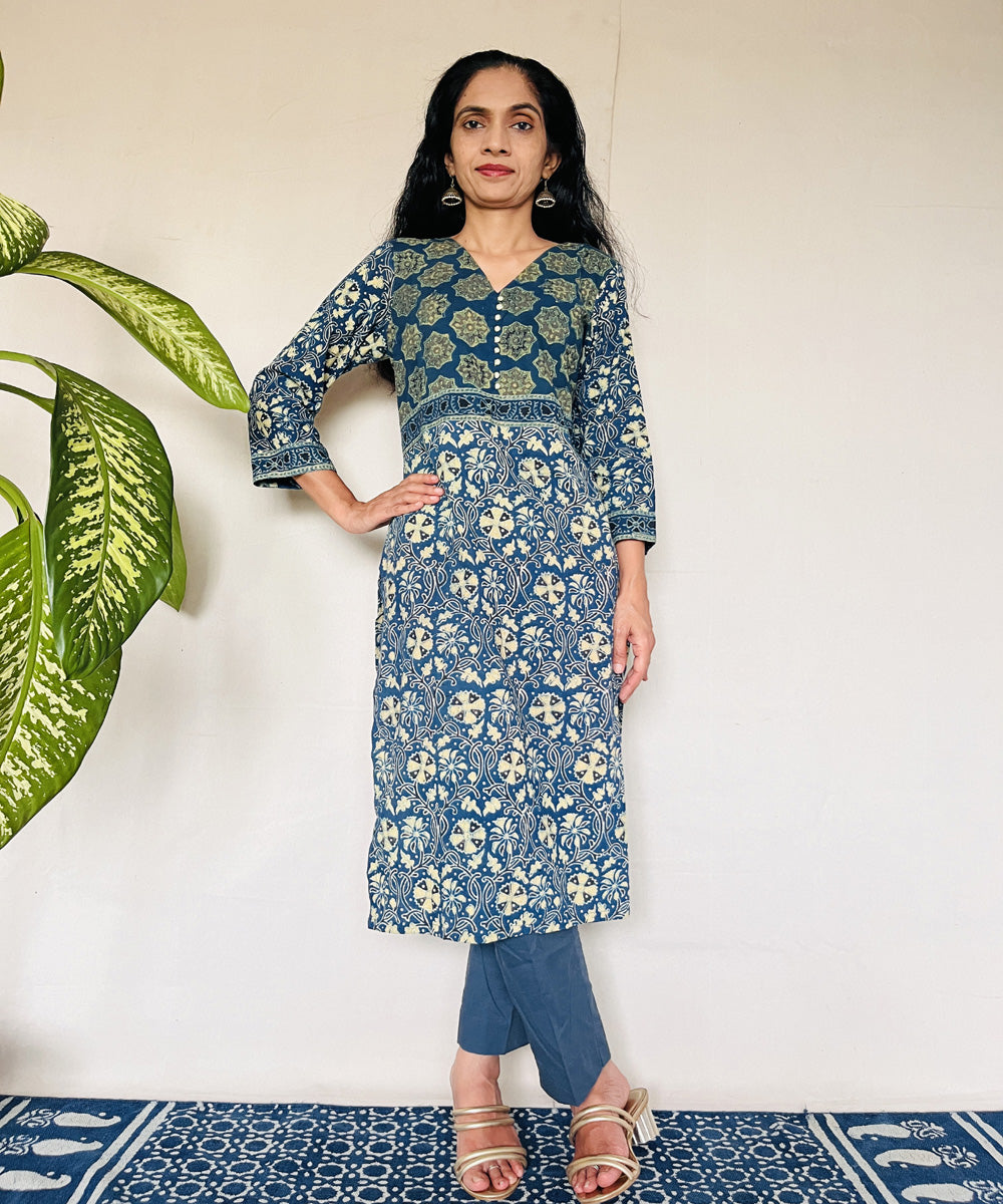 Teal green ajrakh cotton hand block print kurti