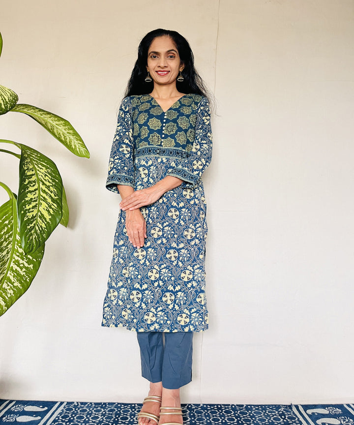 Teal green ajrakh cotton hand block print kurti