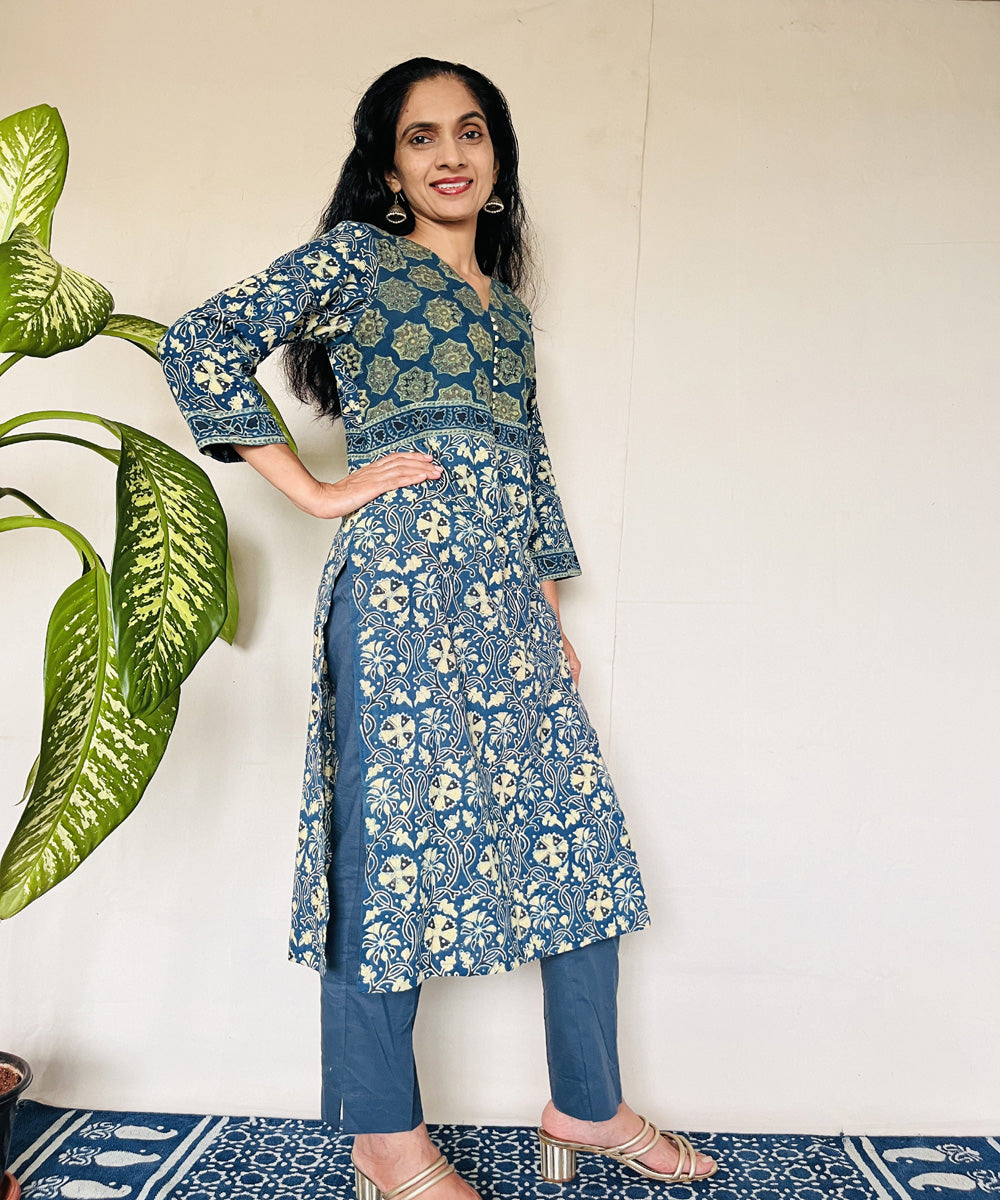 Teal green ajrakh cotton hand block print kurti