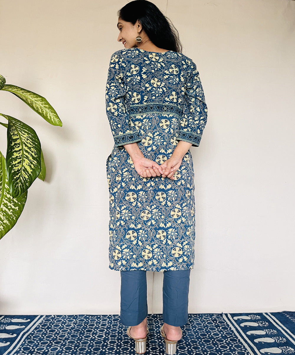 Teal green ajrakh cotton hand block print kurti