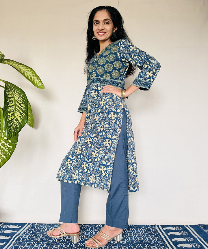 Teal green ajrakh cotton hand block print kurti